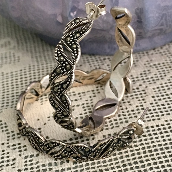 Sterling Silver Marcasite Hoop Pierced Earrings - Picture 9 of 9